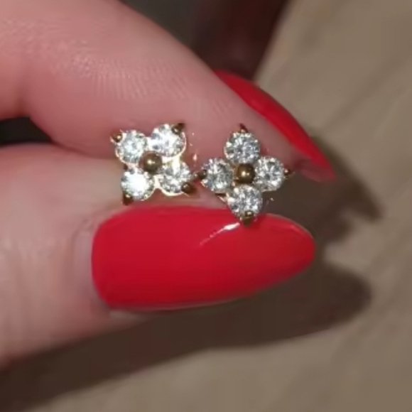 NEW Gold-Tone Stainless Steel & Cubic Zirconia Flower Stud Earrings - Picture 6 of 7
